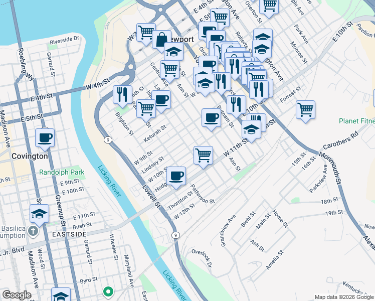 map of restaurants, bars, coffee shops, grocery stores, and more near 301 West 10th Street in Newport