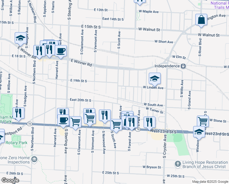 map of restaurants, bars, coffee shops, grocery stores, and more near 1919 South Norwood Avenue in Independence