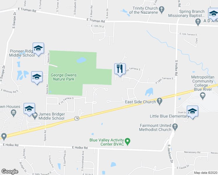 map of restaurants, bars, coffee shops, grocery stores, and more near 1904 South Powahatan Court in Independence