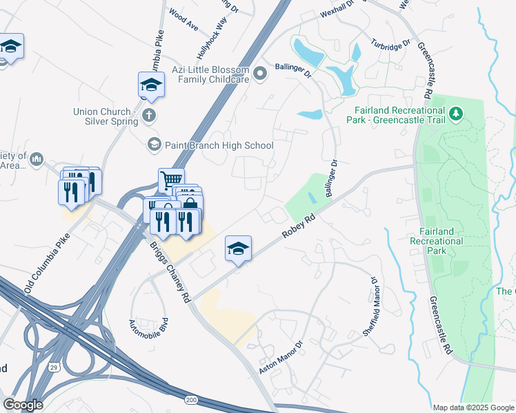 map of restaurants, bars, coffee shops, grocery stores, and more near 13923 Castle Boulevard in Silver Spring