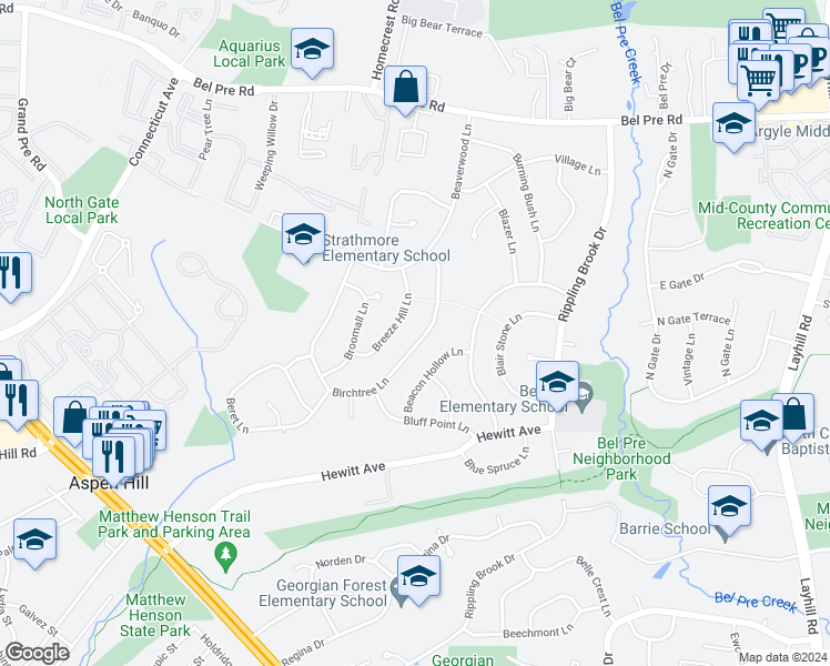 map of restaurants, bars, coffee shops, grocery stores, and more near 2939 Birchtree Lane in Silver Spring