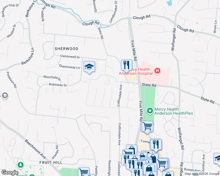map of restaurants, bars, coffee shops, grocery stores, and more near 1733 Grandle Court in Cincinnati