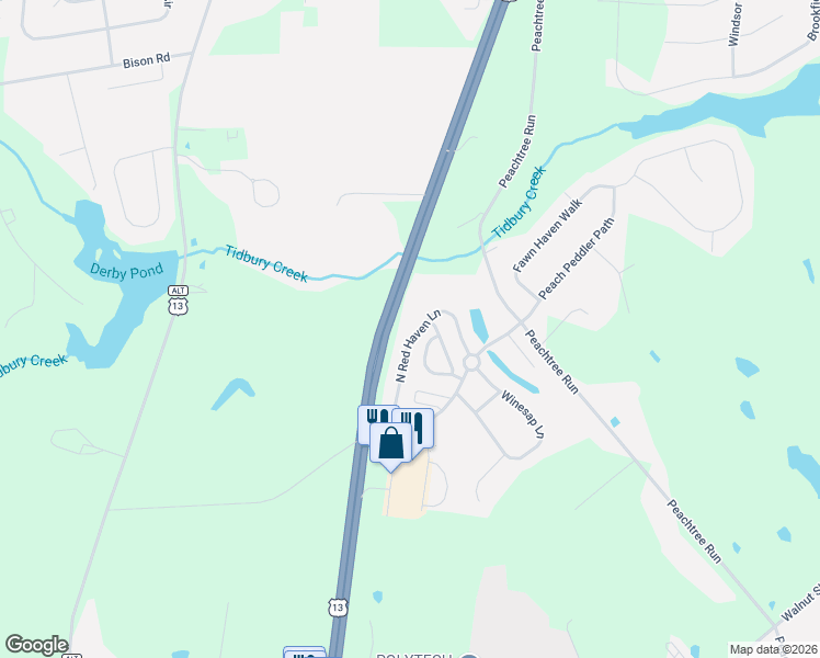 map of restaurants, bars, coffee shops, grocery stores, and more near 226 North Red Haven Lane in Dover
