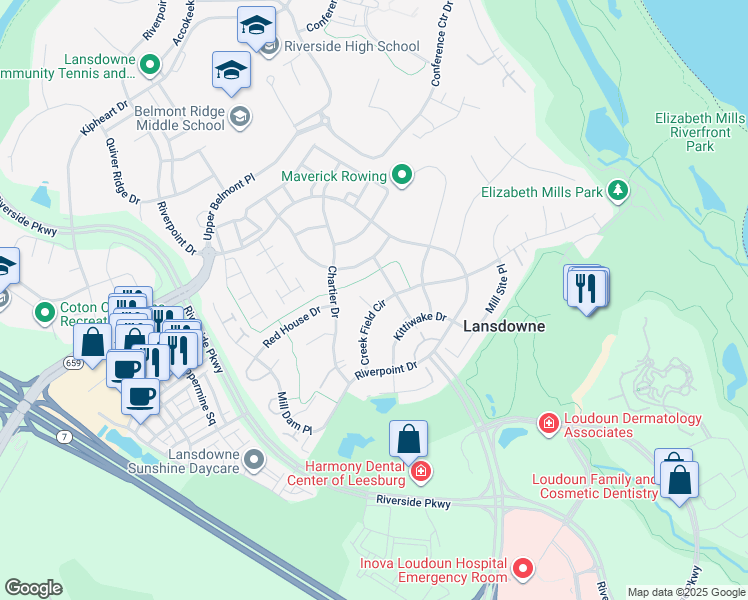 map of restaurants, bars, coffee shops, grocery stores, and more near 19234 Gooseview Court in Leesburg