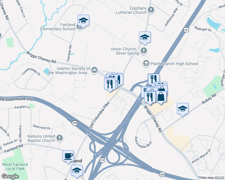 map of restaurants, bars, coffee shops, grocery stores, and more near 13820 Old Columbia Pike in Silver Spring