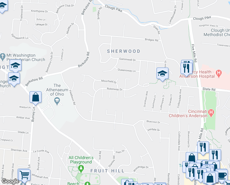 map of restaurants, bars, coffee shops, grocery stores, and more near 7018 Moorfield Drive in Cincinnati