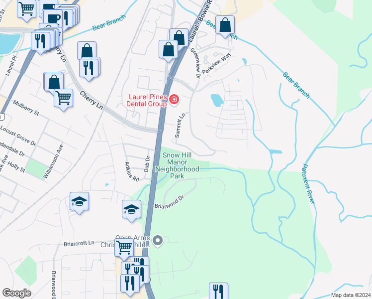 map of restaurants, bars, coffee shops, grocery stores, and more near 9325 Creekview Drive in Laurel