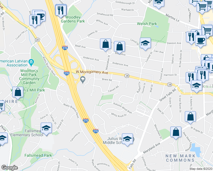 map of restaurants, bars, coffee shops, grocery stores, and more near 107 Aberdeen Road in Rockville