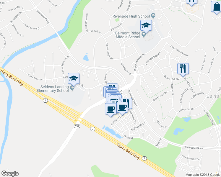 map of restaurants, bars, coffee shops, grocery stores, and more near 19212 Sweig Terrace in Leesburg