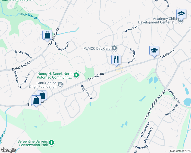map of restaurants, bars, coffee shops, grocery stores, and more near Travilah Road in Rockville