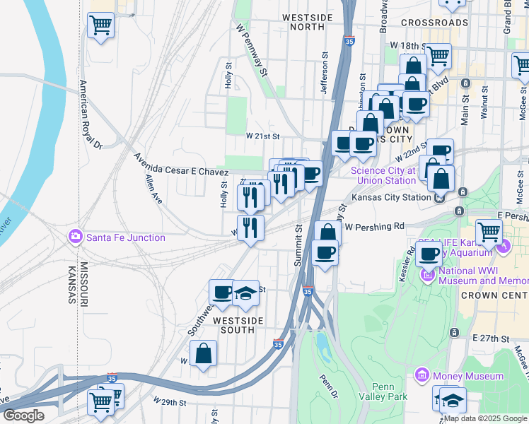 map of restaurants, bars, coffee shops, grocery stores, and more near 920a West Pershing Road in Kansas City