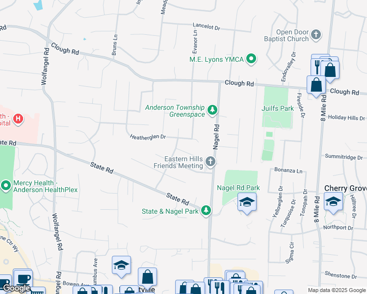 map of restaurants, bars, coffee shops, grocery stores, and more near 7914 Dunview Court in Cincinnati