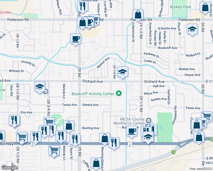 map of restaurants, bars, coffee shops, grocery stores, and more near 2915 Orchard Avenue in Grand Junction
