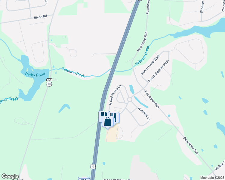 map of restaurants, bars, coffee shops, grocery stores, and more near 226 North Red Haven Lane in Dover