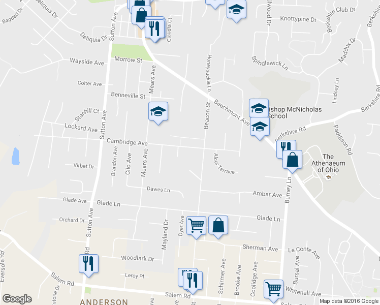 map of restaurants, bars, coffee shops, grocery stores, and more near 6351 Cambridge Avenue in Cincinnati