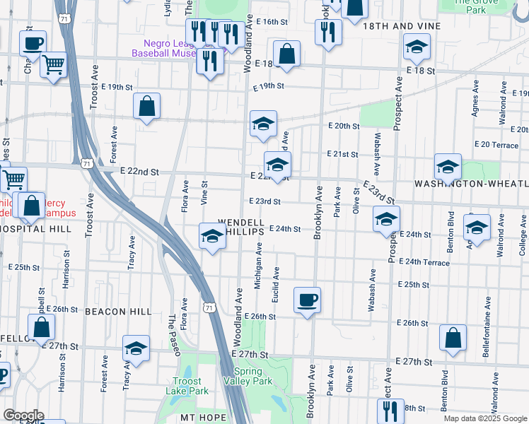 map of restaurants, bars, coffee shops, grocery stores, and more near 2317 Michigan Avenue in Kansas City