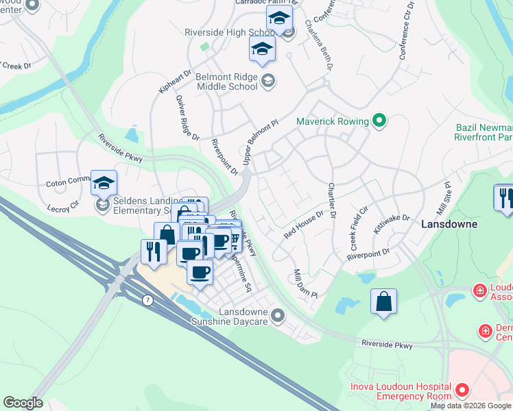 map of restaurants, bars, coffee shops, grocery stores, and more near 19521 Mill Dam Place in Leesburg
