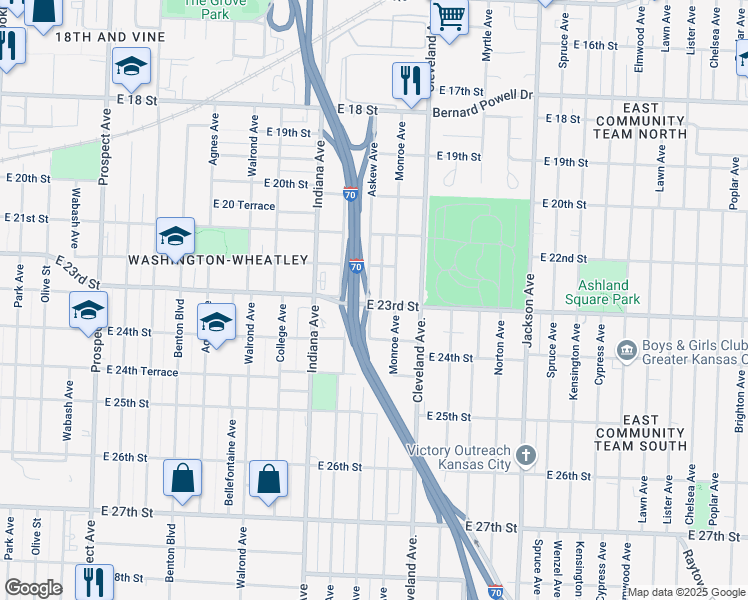 map of restaurants, bars, coffee shops, grocery stores, and more near 2231 Askew Avenue in Kansas City