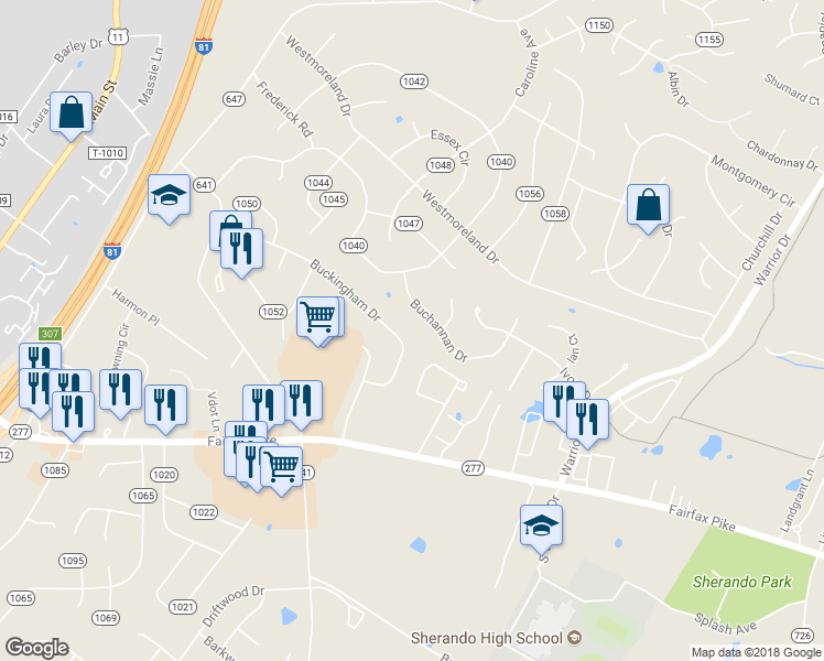 map of restaurants, bars, coffee shops, grocery stores, and more near 219 Buckingham Drive in Stephens City