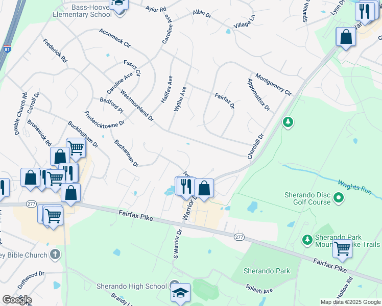 map of restaurants, bars, coffee shops, grocery stores, and more near 114 Ian Court in Stephens City