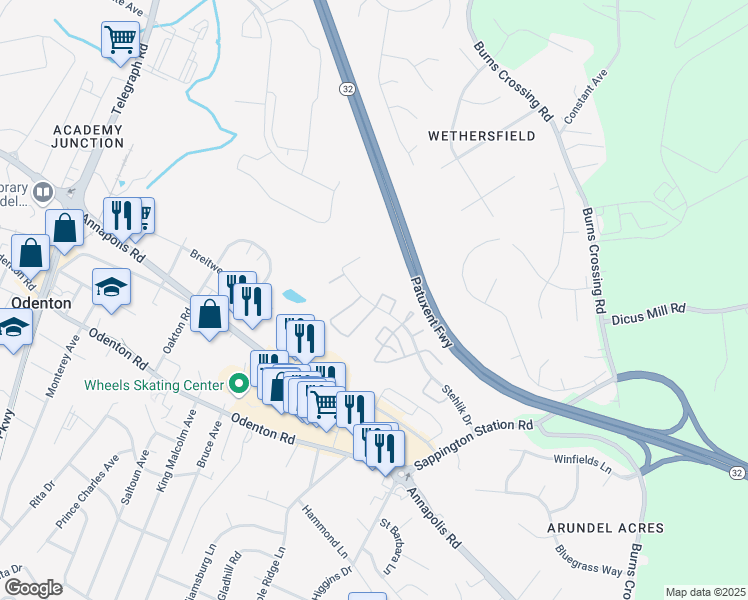 map of restaurants, bars, coffee shops, grocery stores, and more near 552 Greencrest Lane in Odenton