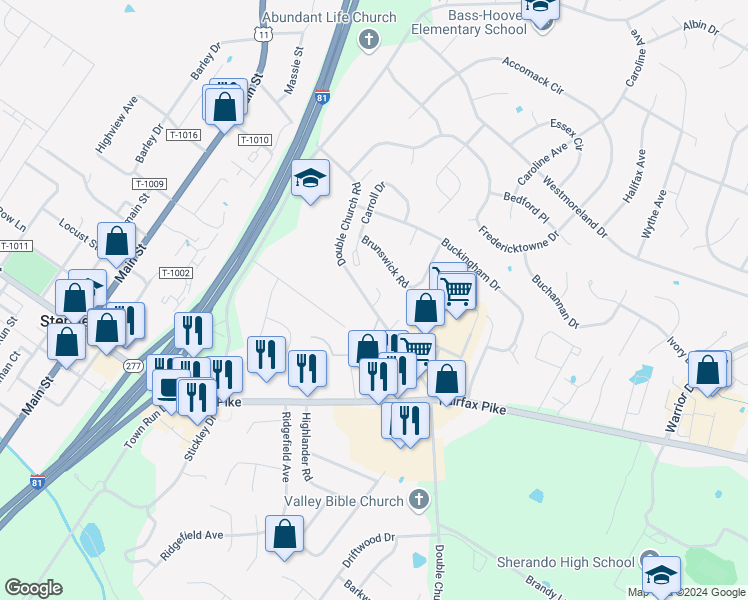 map of restaurants, bars, coffee shops, grocery stores, and more near 319 Double Church Road in Stephens City