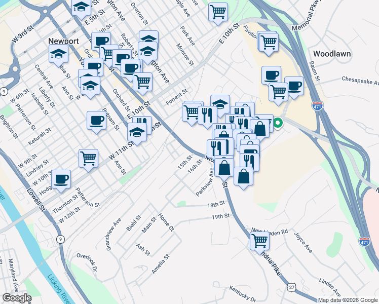 map of restaurants, bars, coffee shops, grocery stores, and more near in Newport