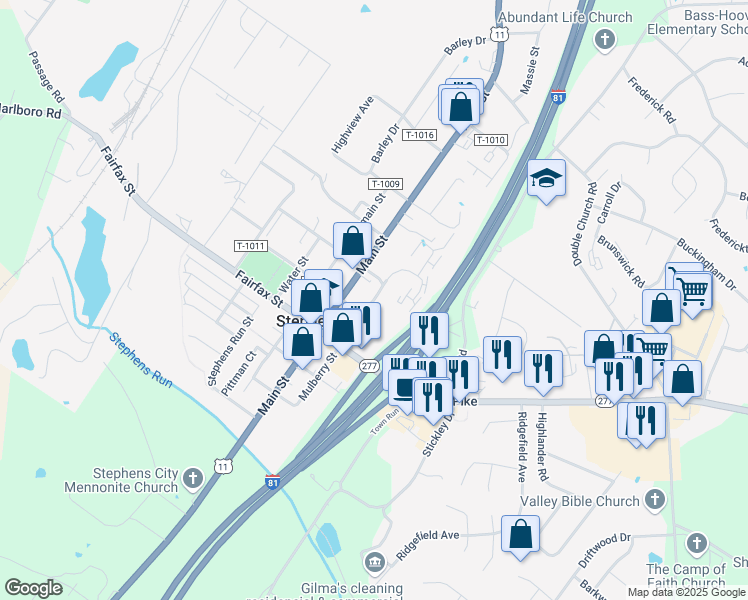 map of restaurants, bars, coffee shops, grocery stores, and more near 5325 Mulberry Street in Stephens City