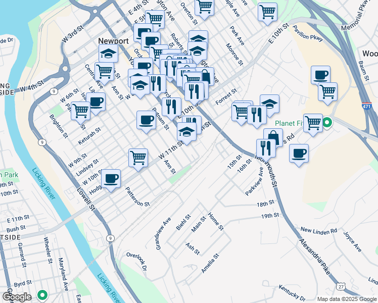map of restaurants, bars, coffee shops, grocery stores, and more near 1102 York Street in Newport