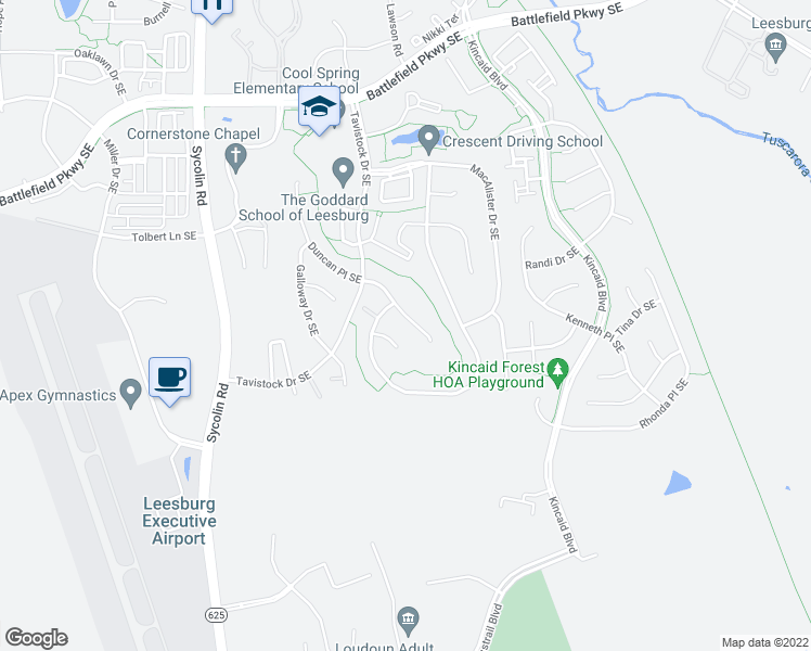 map of restaurants, bars, coffee shops, grocery stores, and more near 615 Curtin Place Southeast in Leesburg