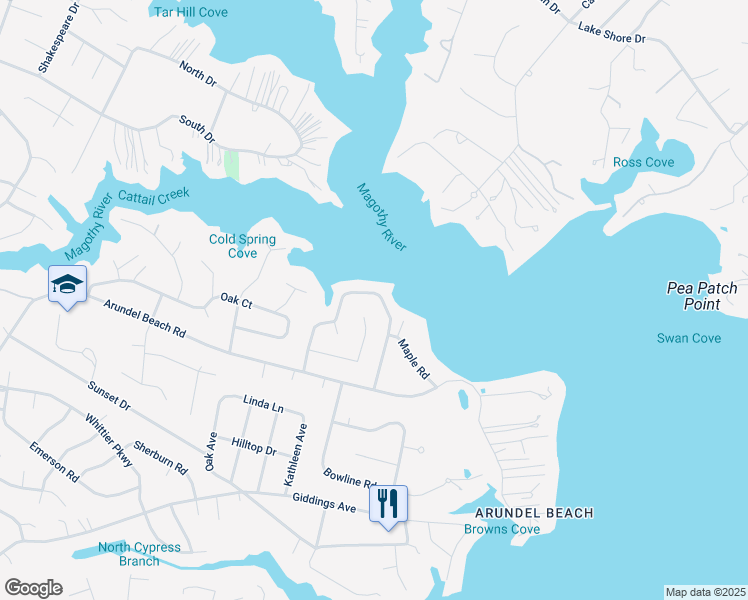 map of restaurants, bars, coffee shops, grocery stores, and more near 355 White Cedar Lane in Severna Park
