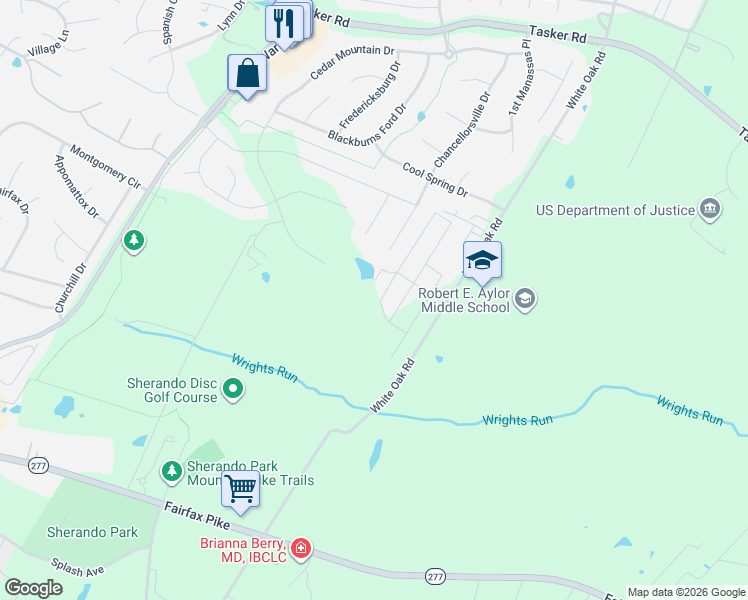map of restaurants, bars, coffee shops, grocery stores, and more near 114 Bleeding Heart Drive in White Post