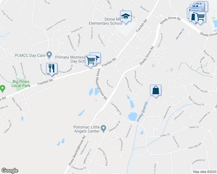 map of restaurants, bars, coffee shops, grocery stores, and more near 10334 Procera Drive in Rockville