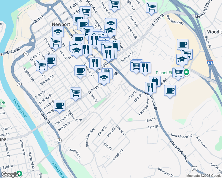 map of restaurants, bars, coffee shops, grocery stores, and more near 1141 York Street in Newport