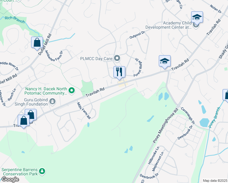 map of restaurants, bars, coffee shops, grocery stores, and more near 11115 Potomac Oaks Drive in Rockville