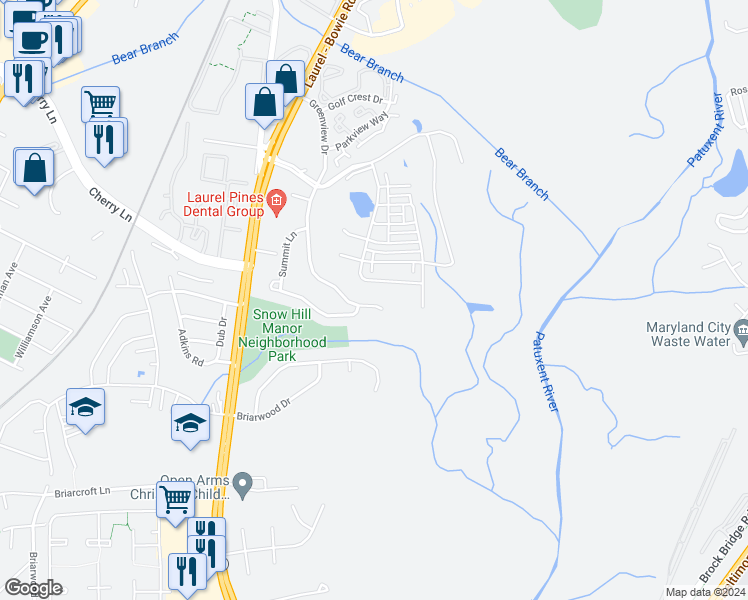map of restaurants, bars, coffee shops, grocery stores, and more near 14111 Greenview Drive in Laurel