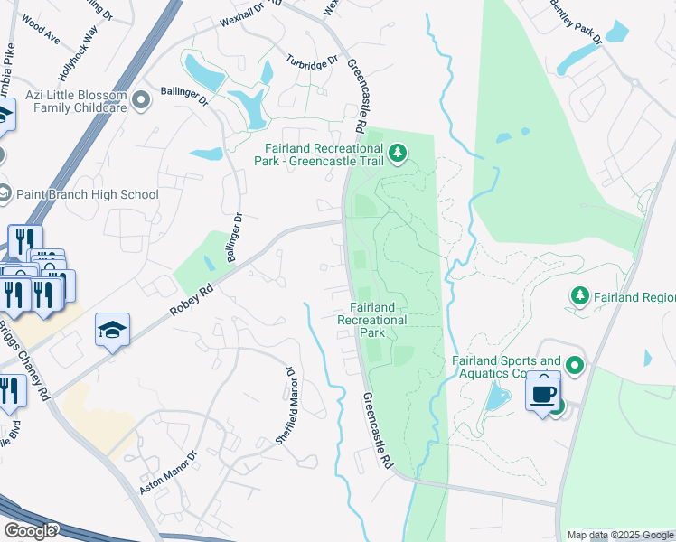 map of restaurants, bars, coffee shops, grocery stores, and more near 3833 Lansdale Court in Burtonsville