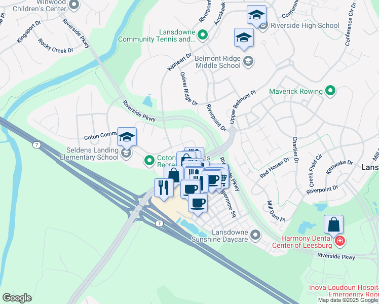 map of restaurants, bars, coffee shops, grocery stores, and more near 19208 Sweig Terrace in Leesburg