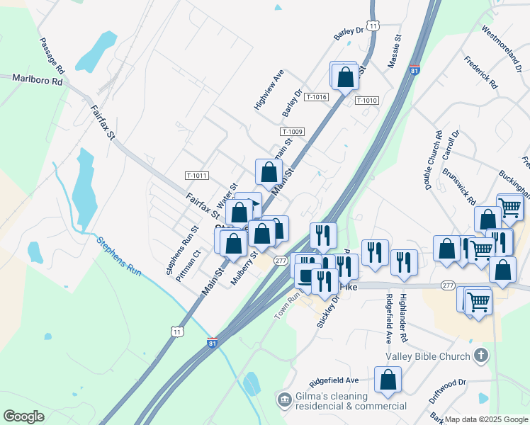 map of restaurants, bars, coffee shops, grocery stores, and more near 5342 Main Street in Stephens City