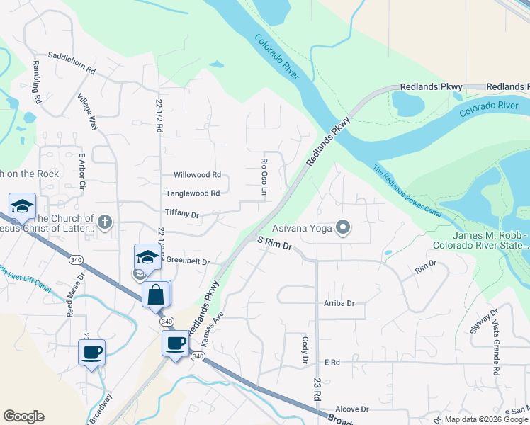 map of restaurants, bars, coffee shops, grocery stores, and more near 545 El Rio Court in Grand Junction