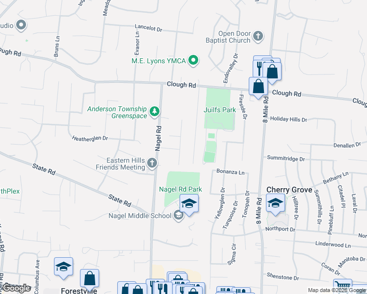 map of restaurants, bars, coffee shops, grocery stores, and more near 8155 Nagelwoods Drive in Cincinnati