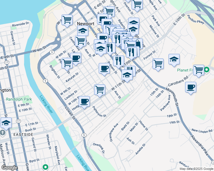 map of restaurants, bars, coffee shops, grocery stores, and more near 1040 Ann Street in Newport