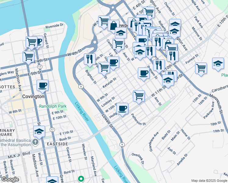 map of restaurants, bars, coffee shops, grocery stores, and more near 337 Lindsey Street in Newport