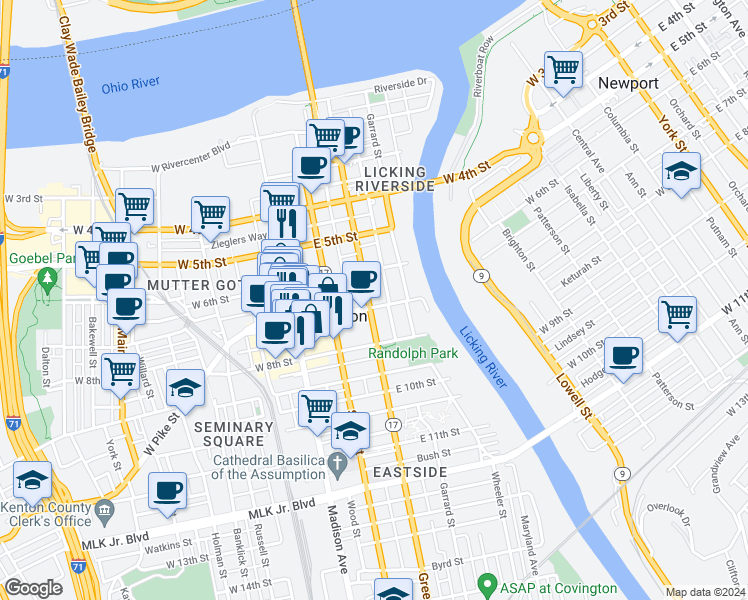 map of restaurants, bars, coffee shops, grocery stores, and more near 627 Greenup Street in Covington