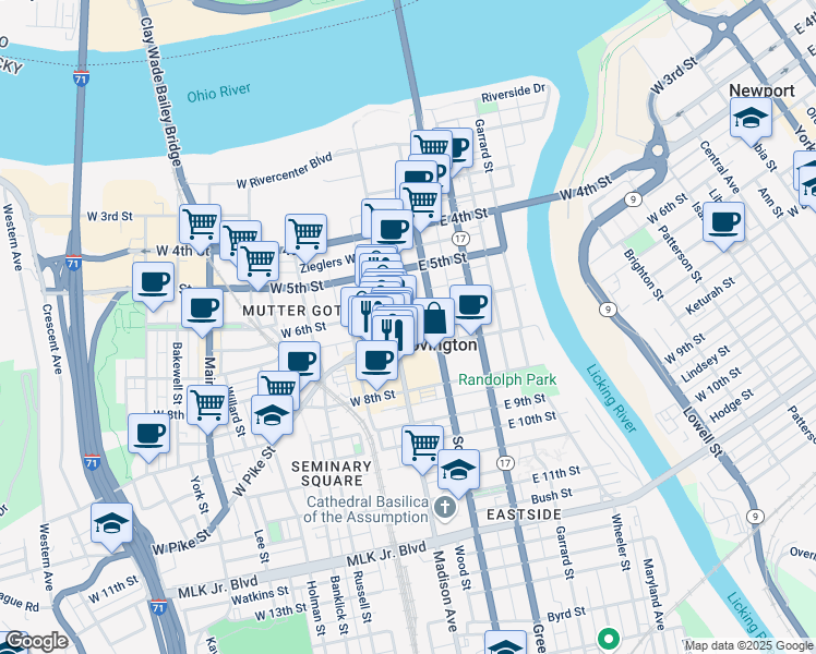 map of restaurants, bars, coffee shops, grocery stores, and more near 29 East Pike Street in Covington