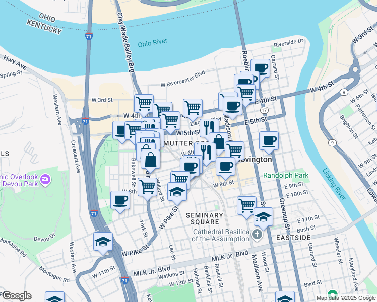 map of restaurants, bars, coffee shops, grocery stores, and more near 225 West 6th Street in Covington