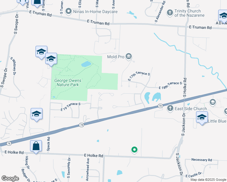 map of restaurants, bars, coffee shops, grocery stores, and more near 1904 South Powahatan Court in Independence