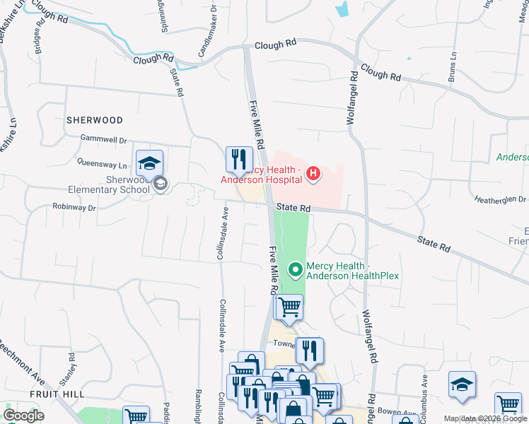 map of restaurants, bars, coffee shops, grocery stores, and more near 7463 State Road in Cincinnati