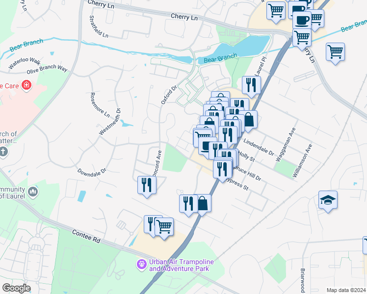 map of restaurants, bars, coffee shops, grocery stores, and more near 14002 Korba Place in Laurel