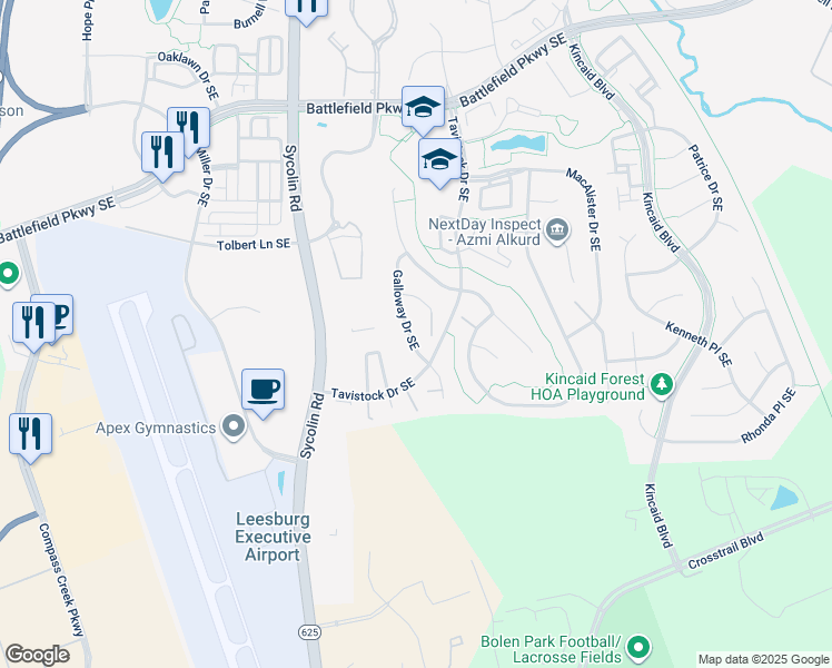 map of restaurants, bars, coffee shops, grocery stores, and more near 706 Galloway Drive Southeast in Leesburg